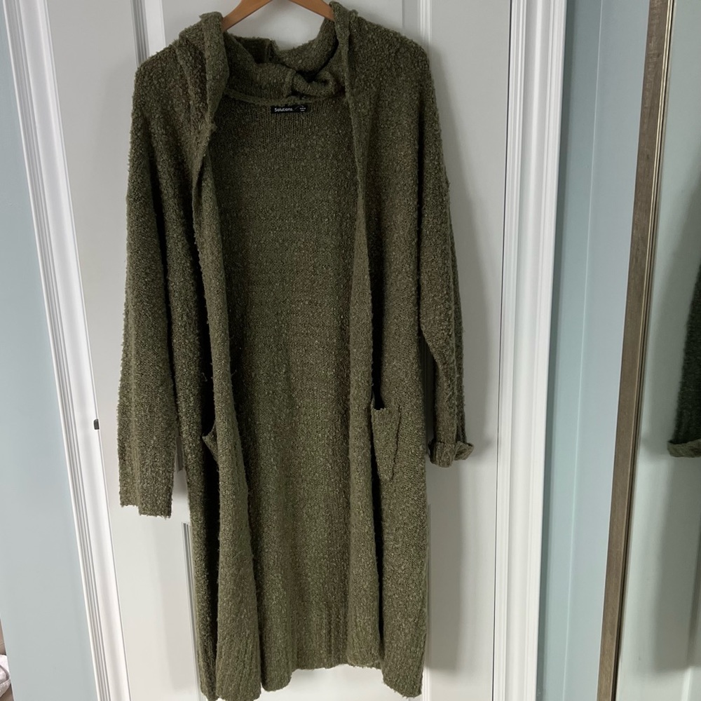 Solutions Long hooded green cardigan sweater medium